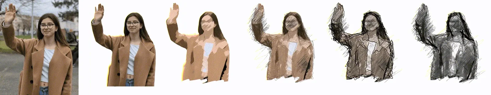 Six stages from the filmed shot to a worn-down pencil sketch